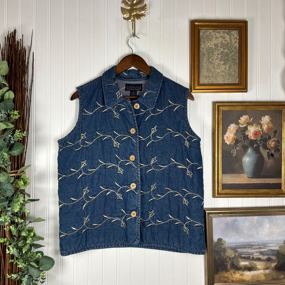 New Direction Denim Vest Womens Medium Blue Excellent Embroidered Button Up
